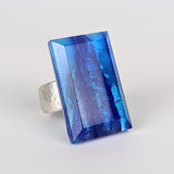 Deep Sapphire Blue Faceted Statement Ring, Fused Glass Jewel Cocktail Ring