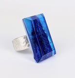 Deep Sapphire Blue Faceted Statement Ring, Fused Glass Jewel Cocktail Ring