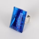 Deep Sapphire Blue Faceted Statement Ring, Fused Glass Jewel Cocktail Ring