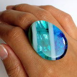 Blue Stripe Statement Ring, Cocktail Ring, Chunky Ring, Glass Ring, Big Bold Adjustable Ring