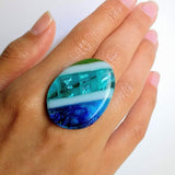 Blue Stripe Statement Ring, Cocktail Ring, Chunky Ring, Glass Ring, Big Bold Adjustable Ring