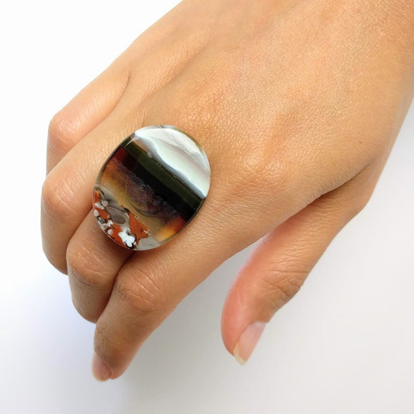 Brown And White Statement Ring, Cocktail Ring, Chunky Ring, Glass Ring, Big Bold Adjustable Ring