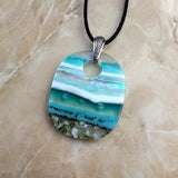 Turquoise Blue White Stripe Ocean Oval, Fused Glass Necklace, Fused Glass Pendant