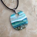 Turquoise Blue White Stripe Ocean Oval, Fused Glass Necklace, Fused Glass Pendant