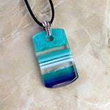 Turquoise Blue White Stripe Ocean Geometric, Fused Glass Necklace, Fused Glass Pendant