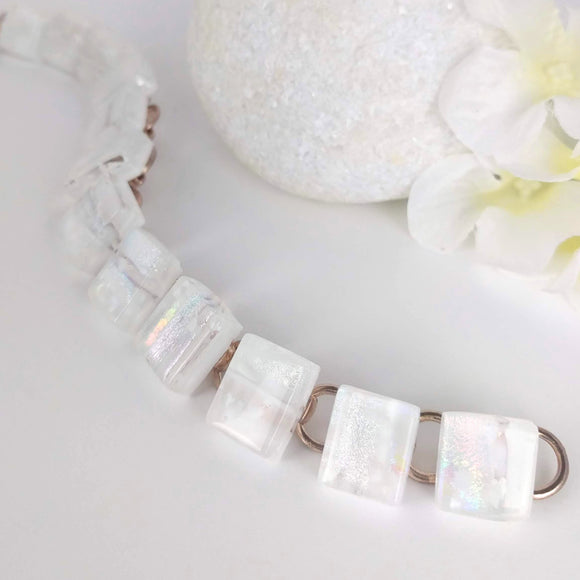 Frosty Ice White Link Bracelet, Dichroic Bracelet, Fused Glass Bracelet, Handmade Bracelet