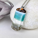 Aqua Turquoise Blue Seascape, Fused Glass Ocean Beach Necklace, Dichroic Aquascape Pendant