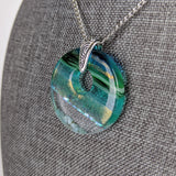 Aqua Green Shimmer Fused Dichroic Glass Aquascape Round Necklace