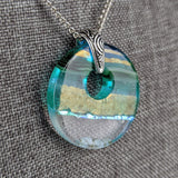 Aqua Green Shimmer Fused Dichroic Glass Aquascape Round Necklace