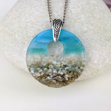 Light Aqua Turquoise Clear Blue Seascape, Handmade Fuse Dichroic Glass Round Necklace Pendant