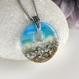 Light Aqua Turquoise Clear Blue Seascape, Handmade Fuse Dichroic Glass Round Necklace Pendant