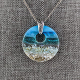 Light Aqua Turquoise Clear Blue Seascape, Handmade Fuse Dichroic Glass Round Necklace Pendant