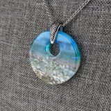 Light Aqua Turquoise Clear Blue Seascape, Handmade Fuse Dichroic Glass Round Necklace Pendant