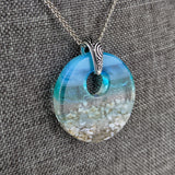 Light Aqua Turquoise Clear Blue Seascape, Handmade Fuse Dichroic Glass Round Necklace Pendant