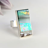 Blue Aquascape Silver Set Fused Glass Adjustable Cocktail Statement Ring