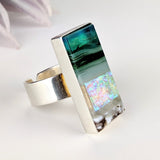 Blue Aquascape Silver Set Fused Glass Adjustable Cocktail Statement Ring