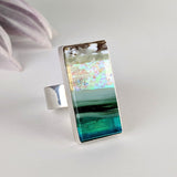 Blue Aquascape Silver Set Fused Glass Adjustable Cocktail Statement Ring