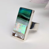 Blue Aquascape Silver Set Fused Glass Adjustable Cocktail Statement Ring