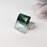 Green Aquascape Fused Glass Adjustable Cocktail Statement Ring