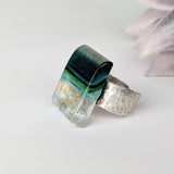 Green Aquascape Fused Glass Adjustable Cocktail Statement Ring