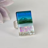 Aqua Green Shimmer Fused Dichroic Glass Aquascape Adjustable Ring