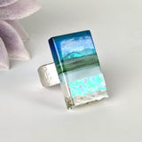 Blue Aquascape Fused Glass Adjustable Cocktail Statement Ring