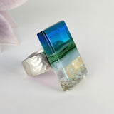 Blue Aquascape Fused Glass Adjustable Cocktail Statement Ring