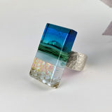 Aqua Green Shimmer Fused Dichroic Glass Aquascape Adjustable Ring