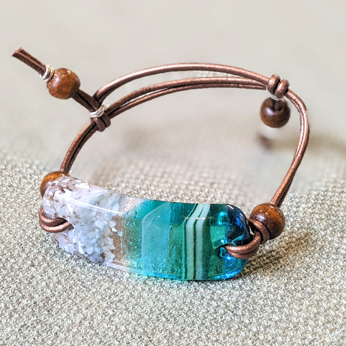 Bracelet: Dimpled Sterling Bicone Focal Bead, buying Aqua/Teal-Spotted Lampwork Glass Beads, Teal Recycled Glass Nuggets, & SS Filigree Clasp