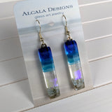 Bright Blue Shimmer Fused Dichroic Glass Aquascape Dangle Earrings