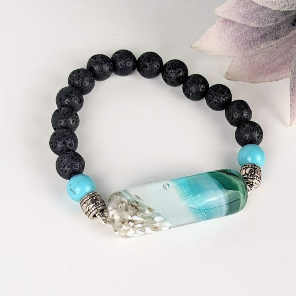 Fused Glass Bracelet With Turquoise and Lava Stone Beads