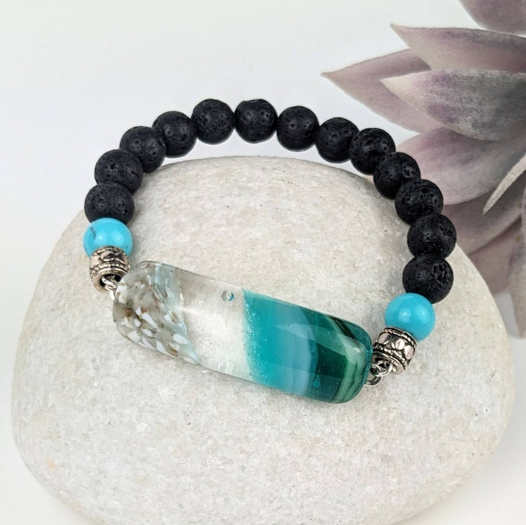 Fused Glass Bracelet With Turquoise and Lava Stone Beads