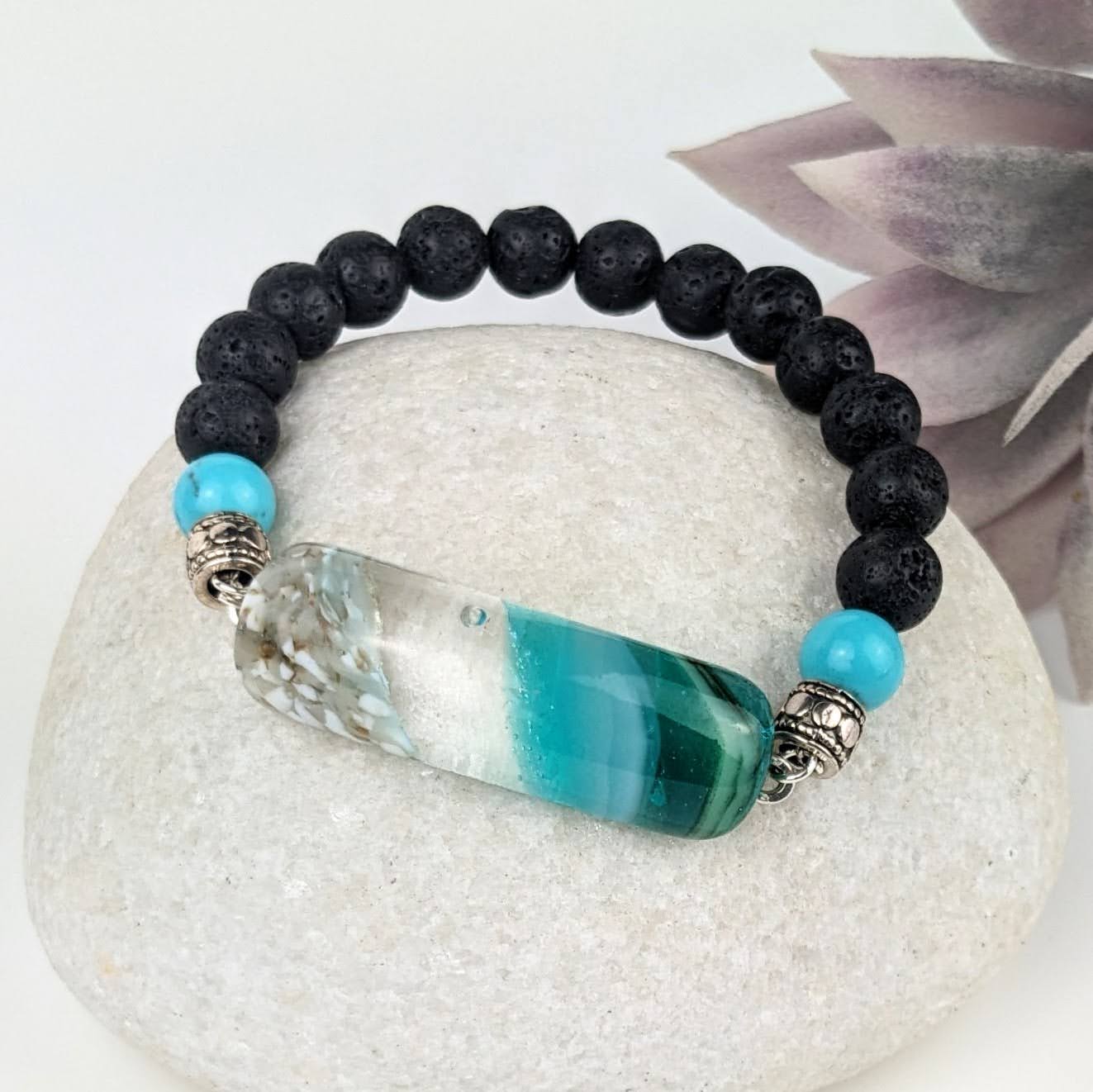 Fused Glass Bracelet With Turquoise and Lava Stone Beads
