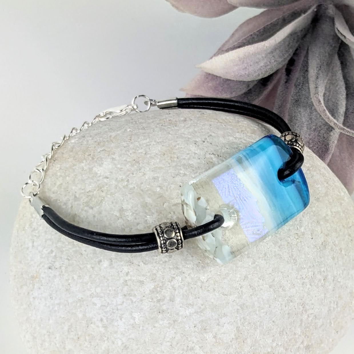 Aqua Blue Fused Dichroic Glass Bead Aquascape Adjustable Bracelet