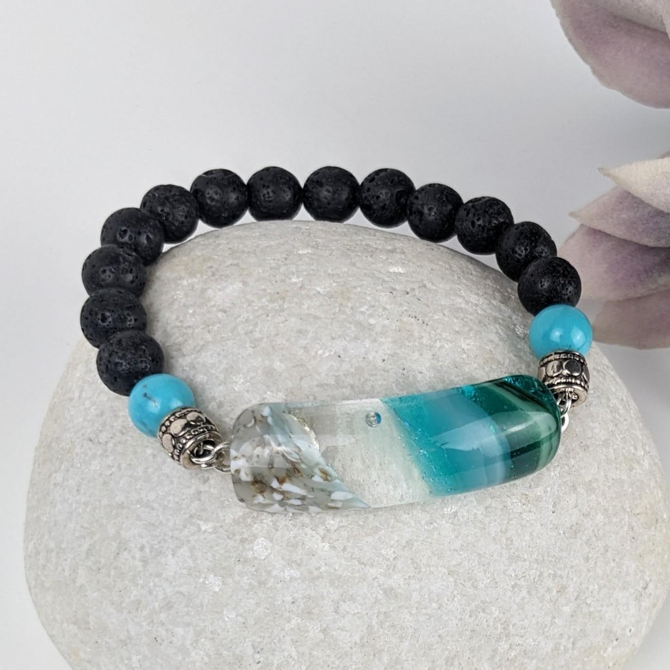Fused Glass Bracelet With Turquoise and Lava Stone Beads