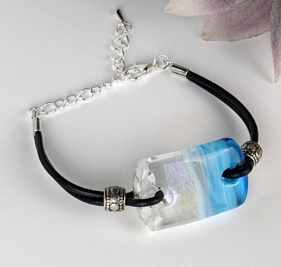 Aqua Blue Fused Dichroic Glass Bead Aquascape Adjustable Bracelet
