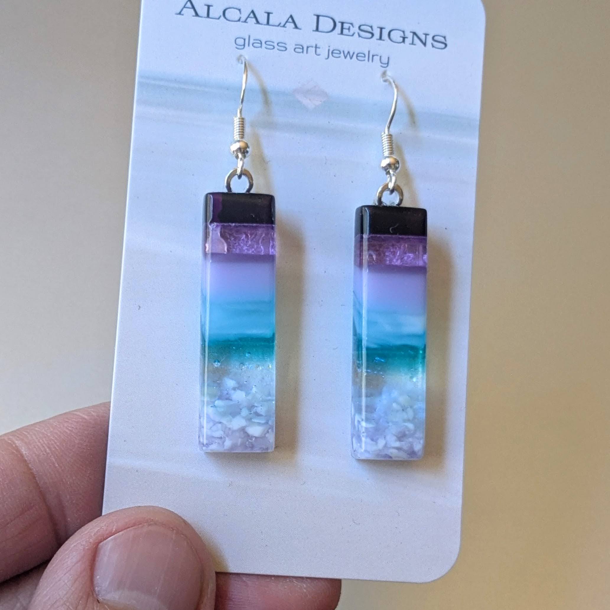 Purple Aqua Dangle, Fused Glass Earrings,