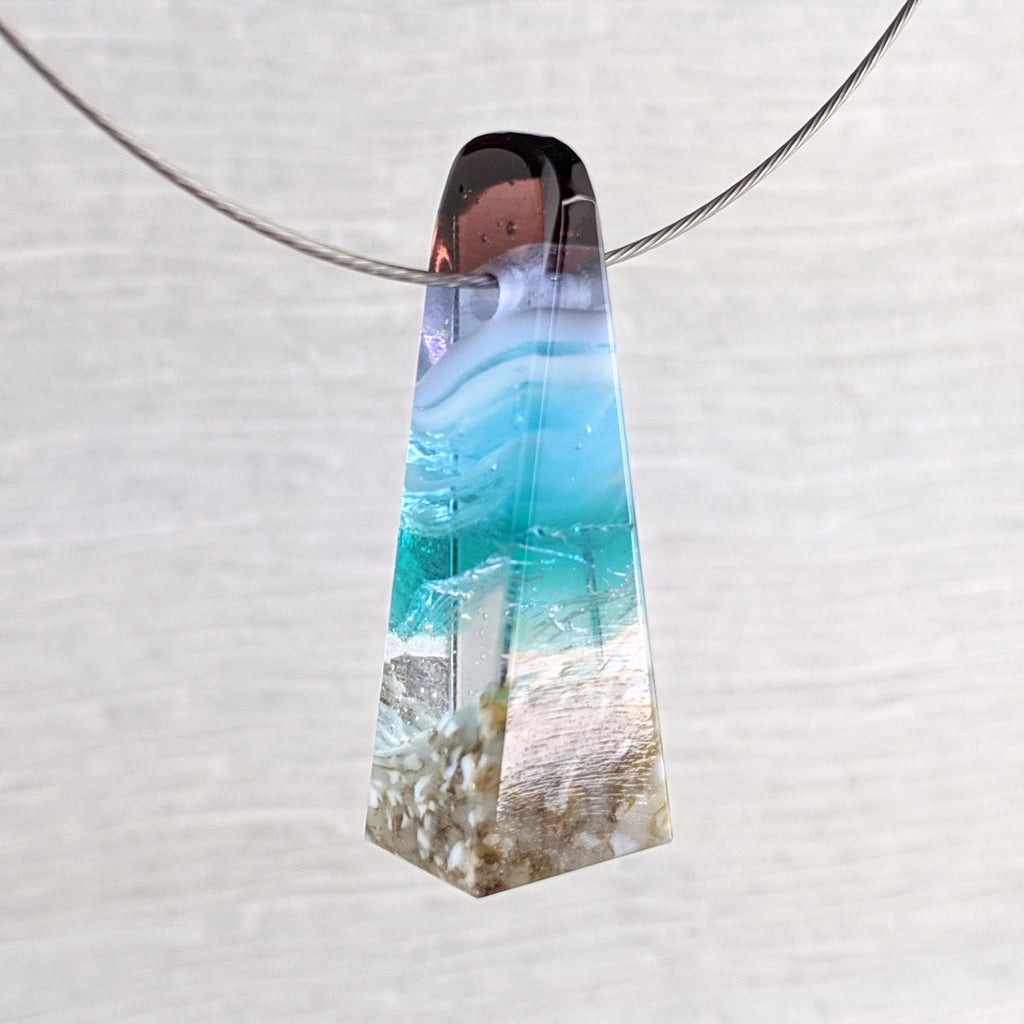 3D Aquascape Mini Tower Pendant, Dichroic Ocean Beach Necklace