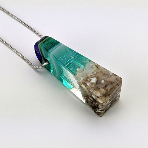 3D Aquascape Mini Tower Pendant, Aqua Turquoise Dichroic Ocean Beach Necklace