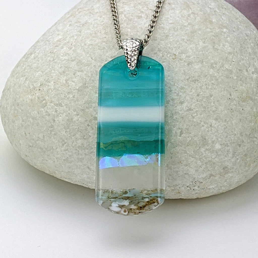 Light Sky Blue Shimmer Fused Dichroic Glass Aquascape Necklace