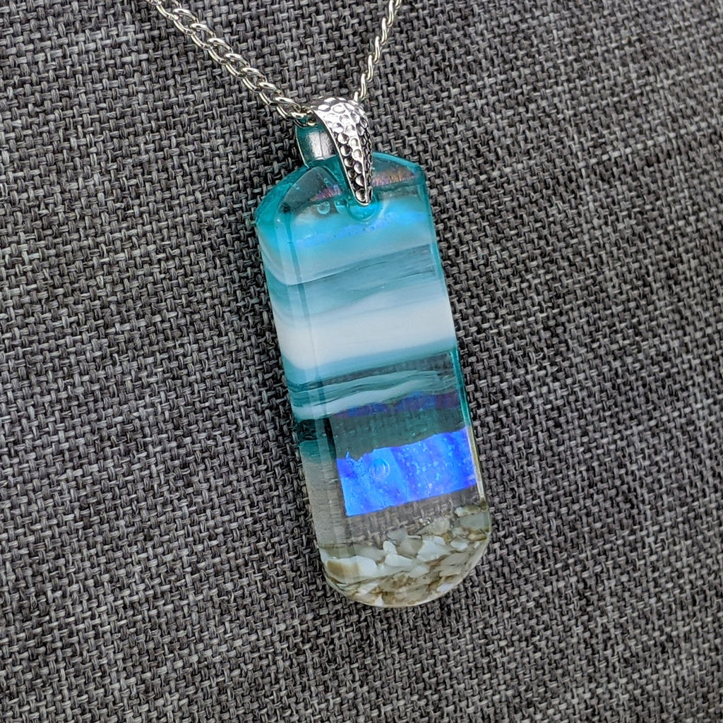 Light Sky Blue Shimmer Fused Dichroic Glass Aquascape Necklace