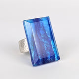 Deep Sapphire Blue Faceted Statement Ring, Fused Glass Jewel Cocktail Ring