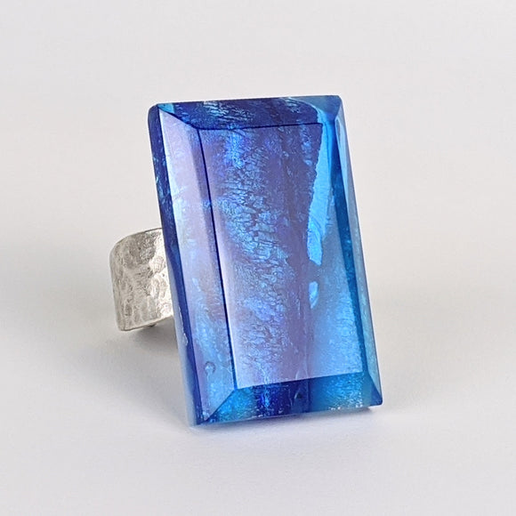 Deep Sapphire Blue Faceted Statement Ring, Fused Glass Jewel Cocktail Ring