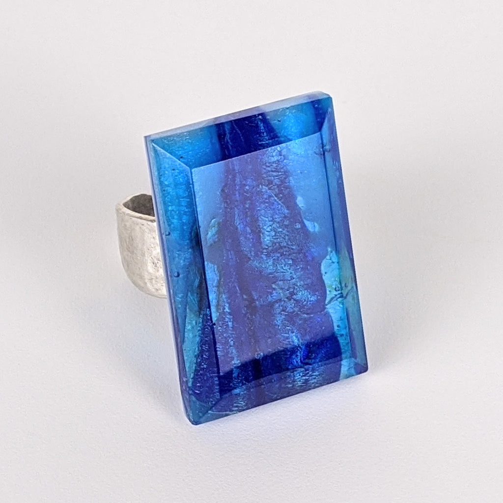 Deep Sapphire Blue Faceted Statement Ring, Fused Glass Jewel Cocktail Ring