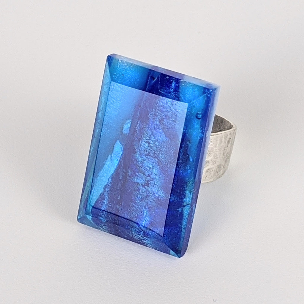 Deep Sapphire Blue Faceted Statement Ring, Fused Glass Jewel Cocktail Ring