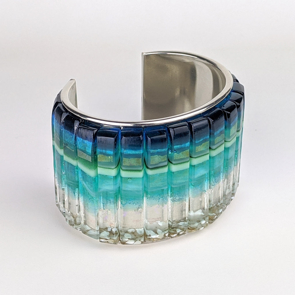Ocean Blue Cuff Statement Bracelet, X-Large Fused Dichroic Glass Handmade Art Fashion Jewelry