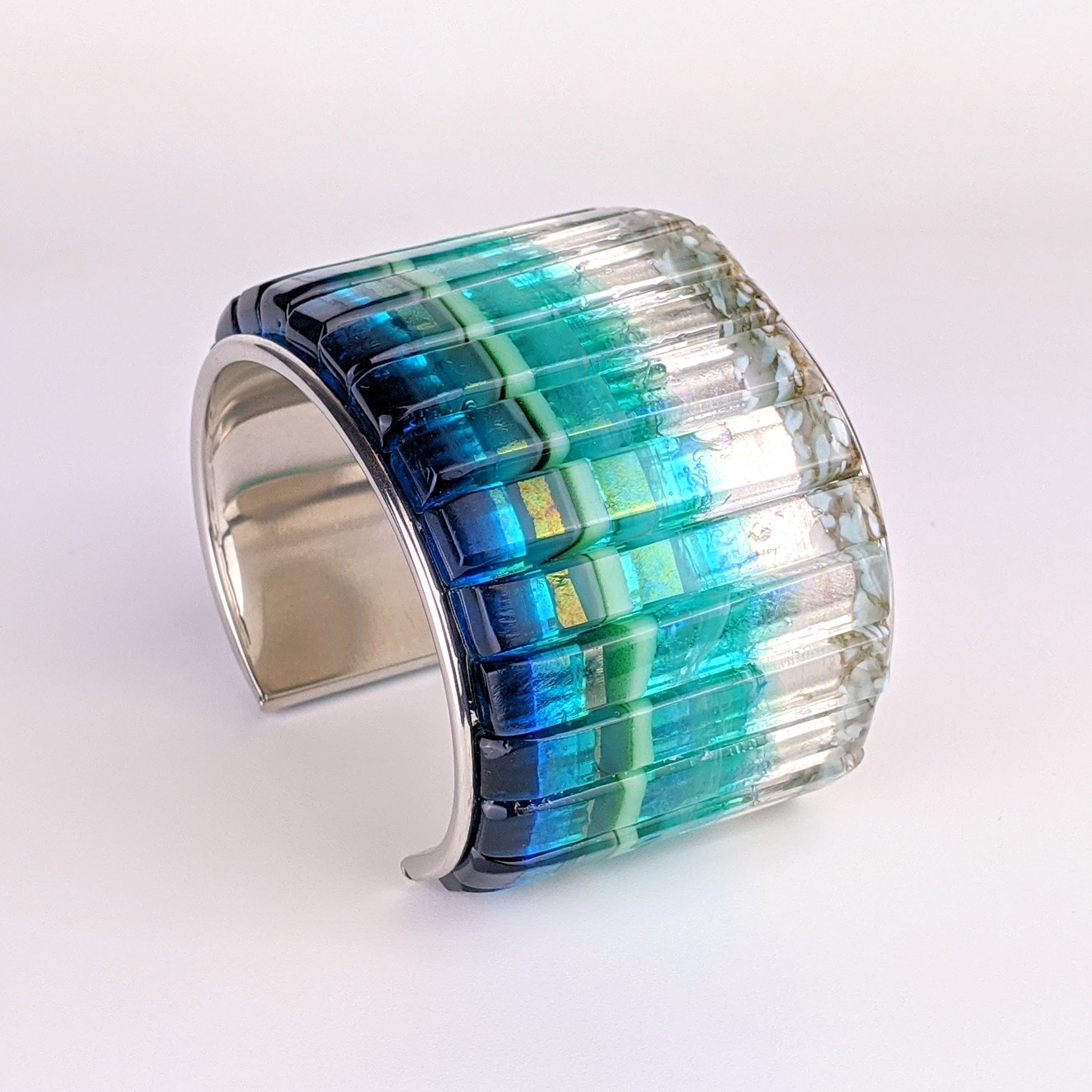 Ocean Blue Cuff Statement Bracelet, X-Large Fused Dichroic Glass Handmade Art Fashion Jewelry