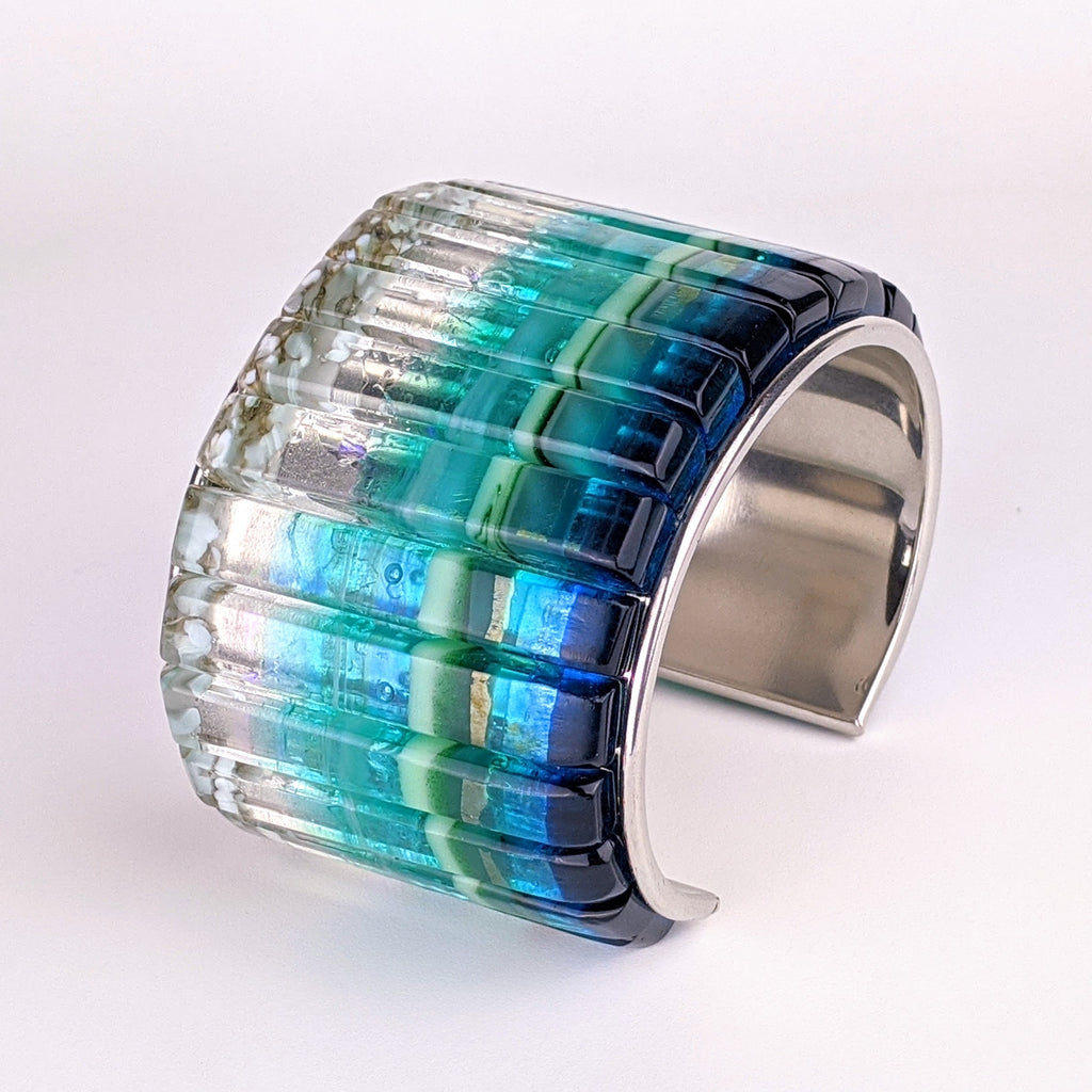 Ocean Blue Cuff Statement Bracelet, X-Large Fused Dichroic Glass Handmade Art Fashion Jewelry