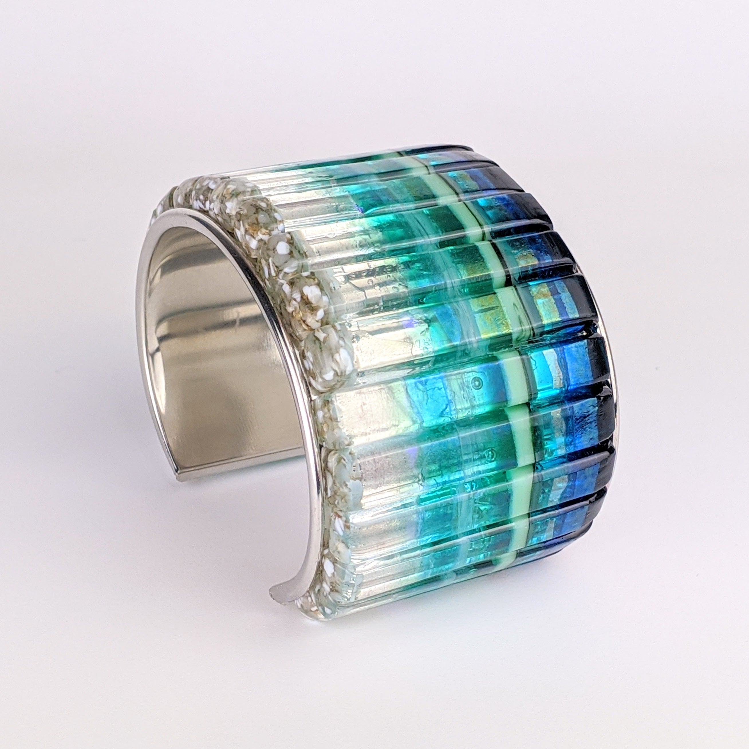 Ocean Blue Cuff Statement Bracelet, X-Large Fused Dichroic Glass Handmade Art Fashion Jewelry