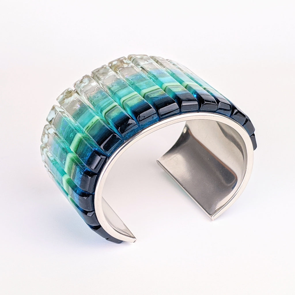 Ocean Blue Cuff Statement Bracelet, X-Large Fused Dichroic Glass Handmade Art Fashion Jewelry